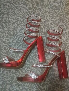 Red Rhinestone Wrap-Strap Block Heel Sandals. Size 8
